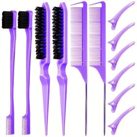 12 pieces Salon-Grade Nylon Teasing Brush Set with Double-Sided Design and Duckbill Clips for Smooth and Controlled Hair Styling (Color: purple)