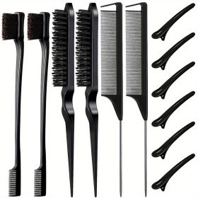 12 pieces Salon-Grade Nylon Teasing Brush Set with Double-Sided Design and Duckbill Clips for Smooth and Controlled Hair Styling (Color: Black)